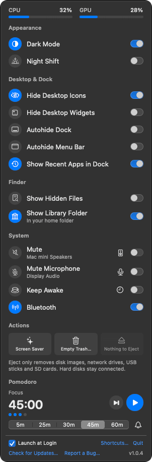 The Switchboard panel open from the menu bar, showing switches for appearance, desktop and Dock, Finder and system settings