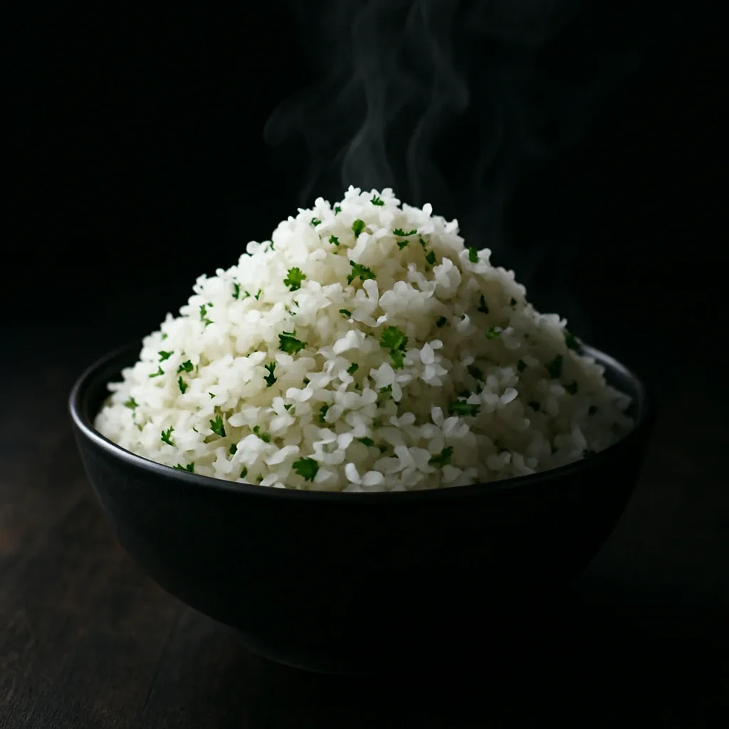 A bowl of steaming coconut rice in a black bowl with a dark background