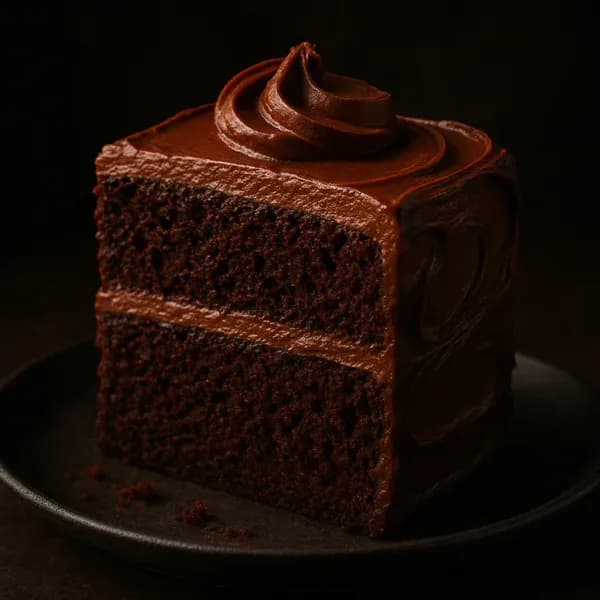 Photo of a delicious and moist double-layer chocolate cake with chocolate buttercream frosting on a dark background